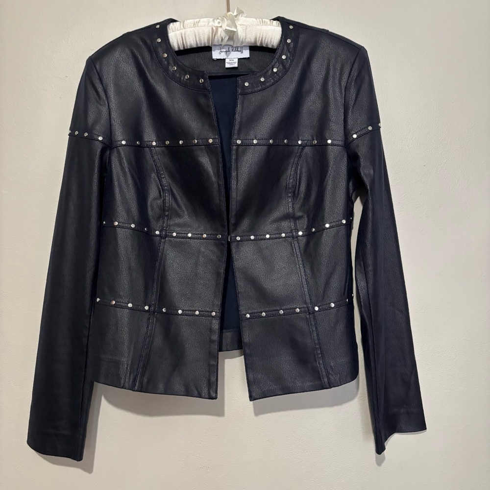 Joseph Ribkoff Vegan Suede Cropped Studded Jacket Size M 232904 Navy Blue - Picture 11 of 12
